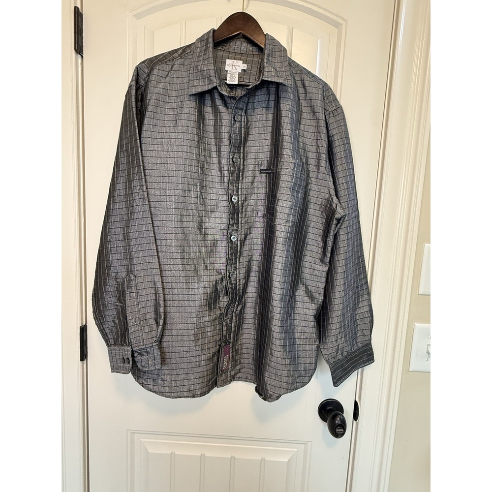 Calvin‎ Klein Jeans Mens Large Metallic Grey Grid Check Button Down Shirt L/G
